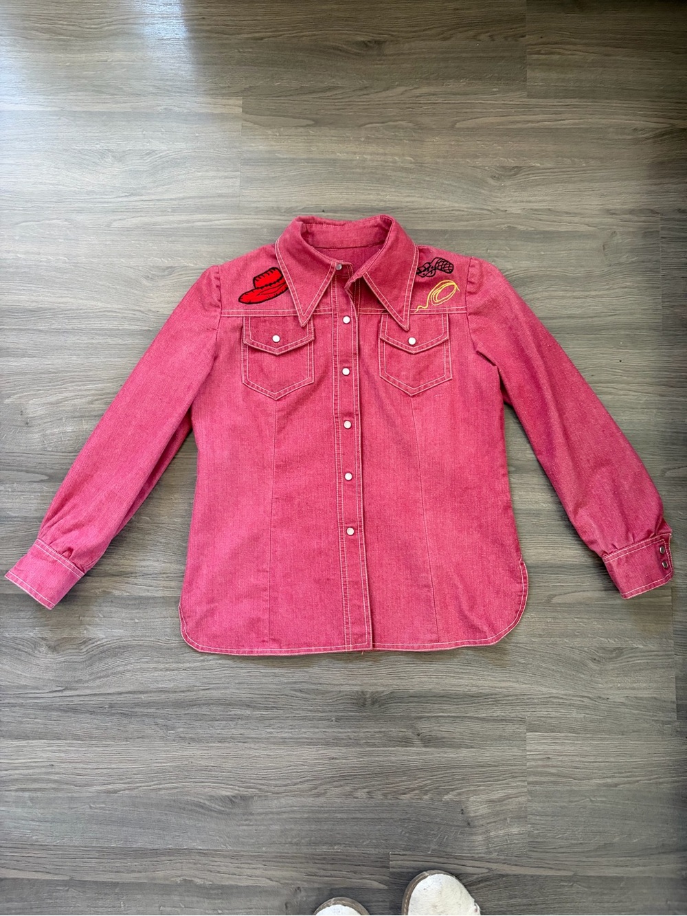 Vintage 1970s Red Denim Western Shirt with Cowboy embroidery